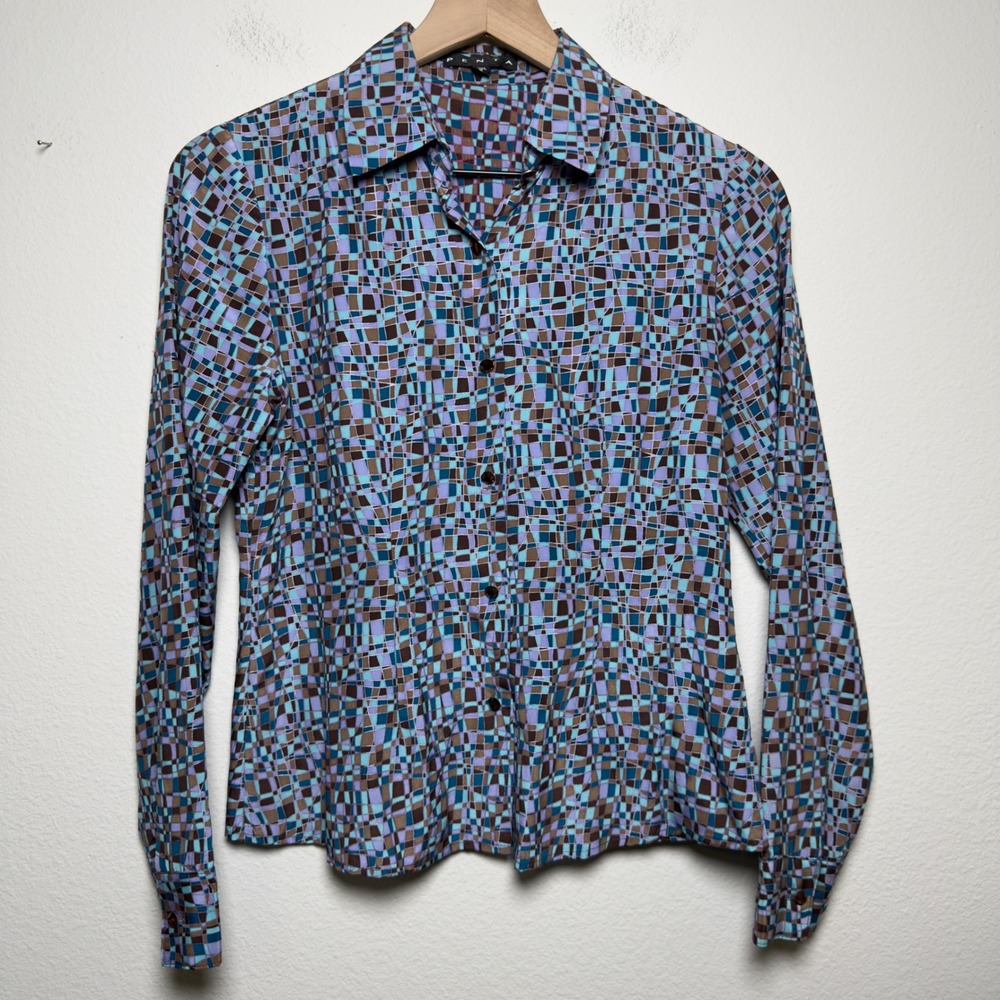 VTG‎ 90s Penta Women 100% SILK Button Front Top 2 Blue Geometric Mosaic Preppy